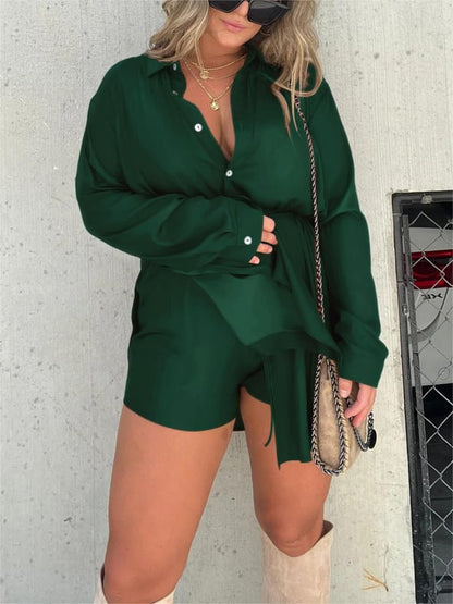 🌟Combinaison chemise à manches longues de couleur unie à la mode [Design à la mode et simple, montrant l'élégance et le style ! 】