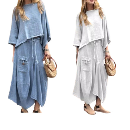 Costume 2 pièces haut à col rond et jupe ample pour femme