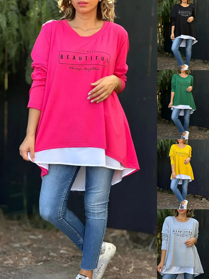 💙Maintenant remise 49% 💙T-shirt faux deux pièces à manches longues imprimé lettre