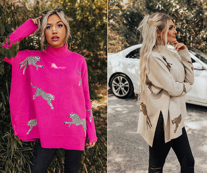 Haut Long à Manches Longues Décontracté Rétro avec Imprimé Tigre et Léopard