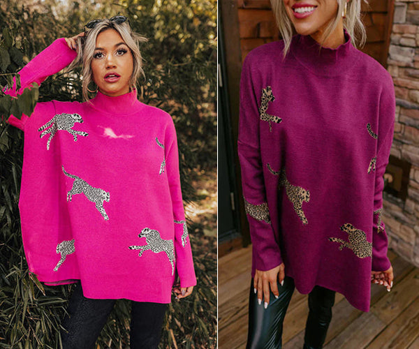 Haut Long à Manches Longues Décontracté Rétro avec Imprimé Tigre et Léopard