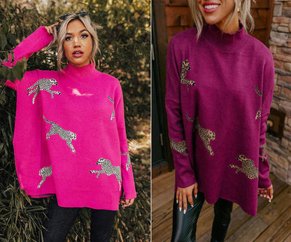 Haut Long à Manches Longues Décontracté Rétro avec Imprimé Tigre et Léopard