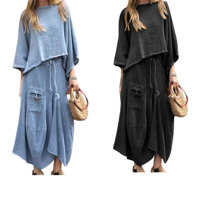 Costume 2 pièces haut à col rond et jupe ample pour femme