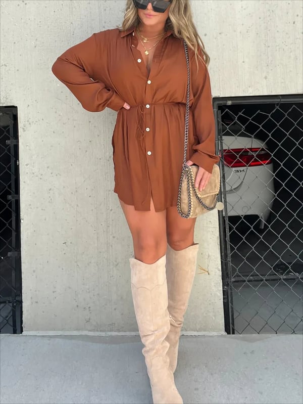 🌟Combinaison chemise à manches longues de couleur unie à la mode [Design à la mode et simple, montrant l'élégance et le style ! 】