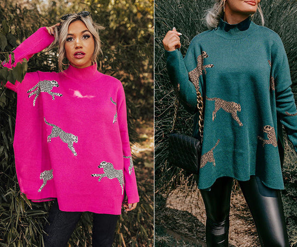 Haut Long à Manches Longues Décontracté Rétro avec Imprimé Tigre et Léopard