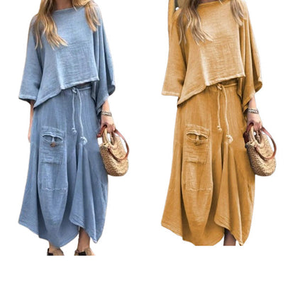 Costume 2 pièces haut à col rond et jupe ample pour femme