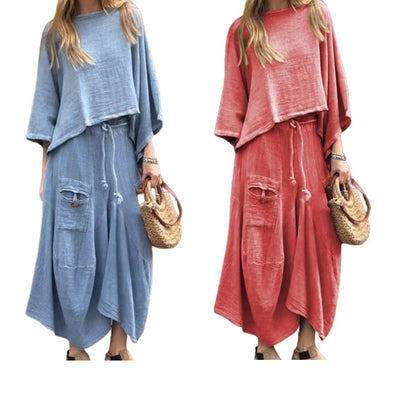 Costume 2 pièces haut à col rond et jupe ample pour femme