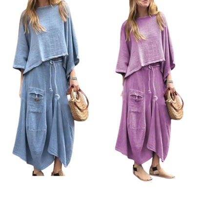 Costume 2 pièces haut à col rond et jupe ample pour femme