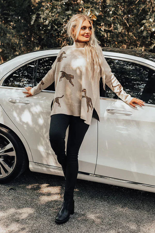 Haut Long à Manches Longues Décontracté Rétro avec Imprimé Tigre et Léopard