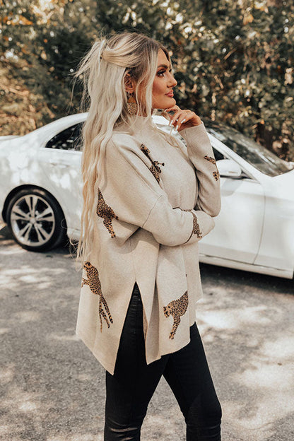 Haut Long à Manches Longues Décontracté Rétro avec Imprimé Tigre et Léopard