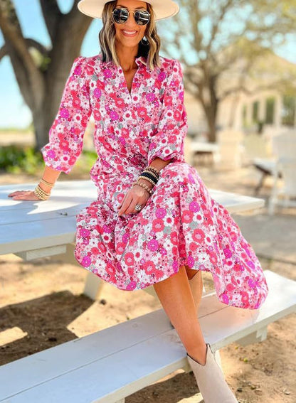 Robe mi-longue bohème à manches longues et col en V pour femme