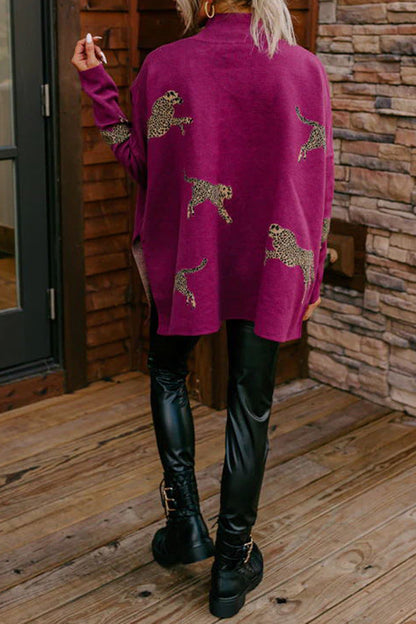 Haut Long à Manches Longues Décontracté Rétro avec Imprimé Tigre et Léopard