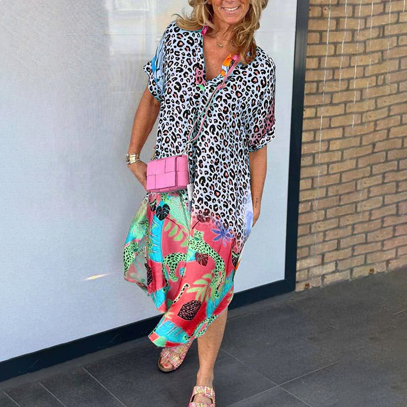 Robe ample à manches courtes et imprimé léopard pour femme