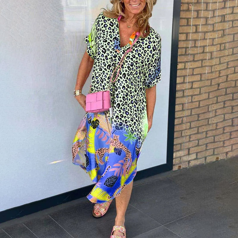 Robe ample à manches courtes et imprimé léopard pour femme
