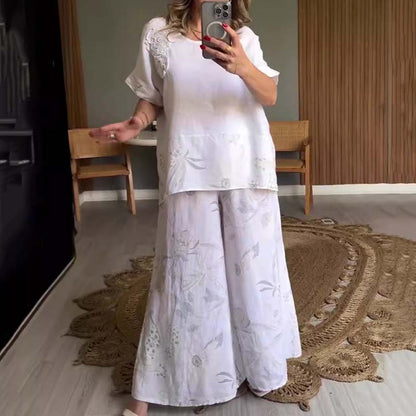 Ensemble 2 pièces imprimé décontracté pour femmes: ensemble haut à manches courtes et pantalon à jambes larges à col rond