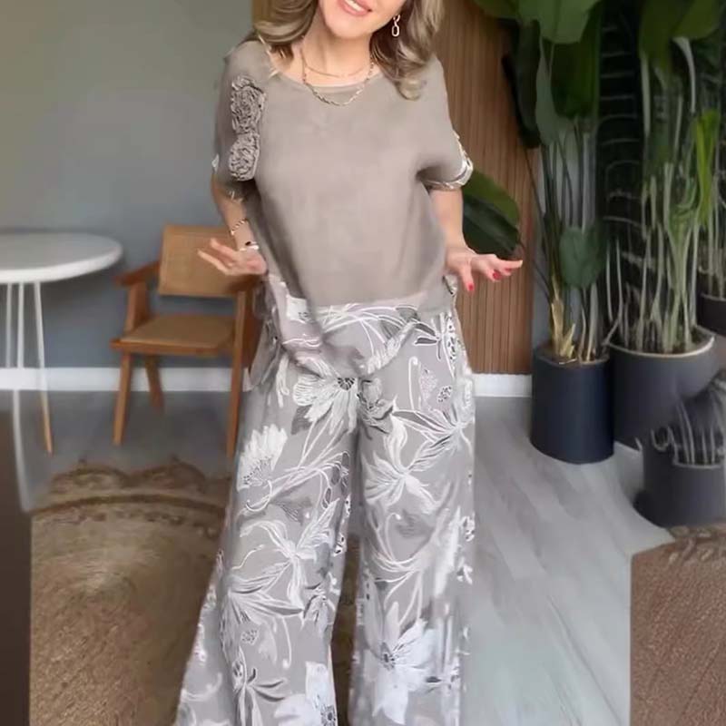 Ensemble 2 pièces imprimé décontracté pour femmes: ensemble haut à manches courtes et pantalon à jambes larges à col rond