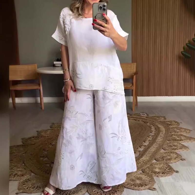 Ensemble 2 pièces imprimé décontracté pour femmes: ensemble haut à manches courtes et pantalon à jambes larges à col rond