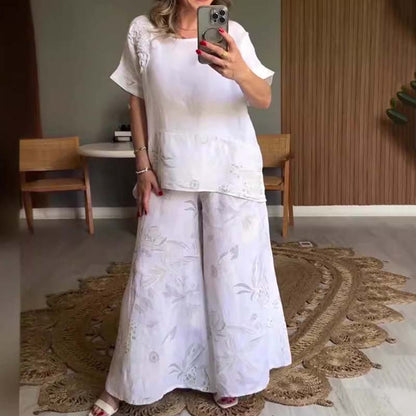Ensemble 2 pièces imprimé décontracté pour femmes: ensemble haut à manches courtes et pantalon à jambes larges à col rond