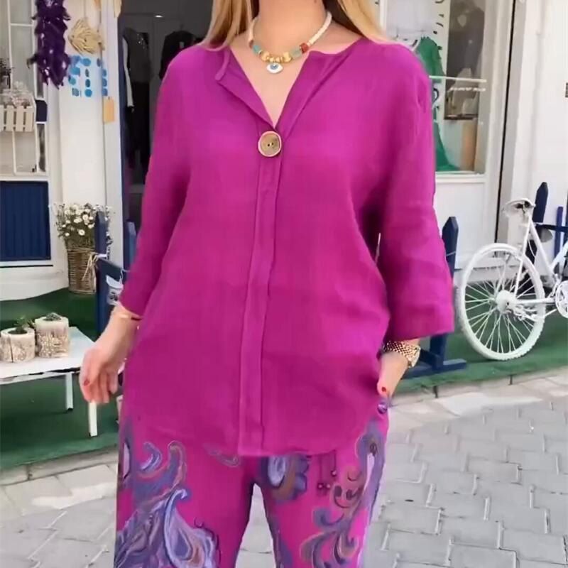 📦Livraison gratuite💖2 pièces chemise à manches longues et pantalon ample ensemble pour les femmes avec des imprimés décontractés✨