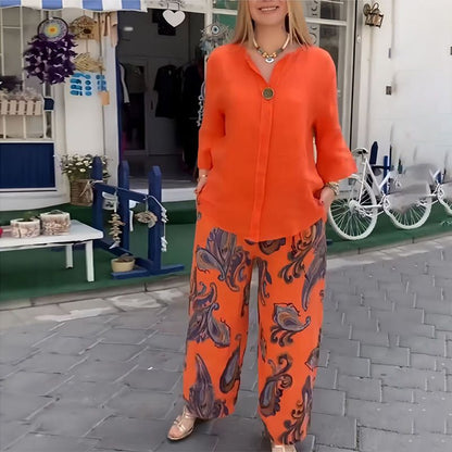 📦Livraison gratuite💖2 pièces chemise à manches longues et pantalon ample ensemble pour les femmes avec des imprimés décontractés✨