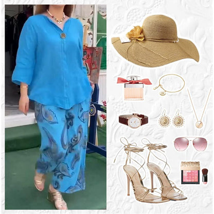 📦Livraison gratuite💖2 pièces chemise à manches longues et pantalon ample ensemble pour les femmes avec des imprimés décontractés✨