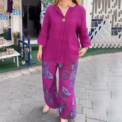 📦Livraison gratuite💖2 pièces chemise à manches longues et pantalon ample ensemble pour les femmes avec des imprimés décontractés✨