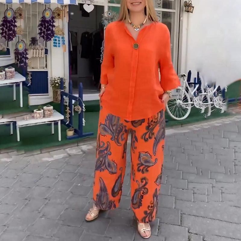📦Livraison gratuite💖2 pièces chemise à manches longues et pantalon ample ensemble pour les femmes avec des imprimés décontractés✨