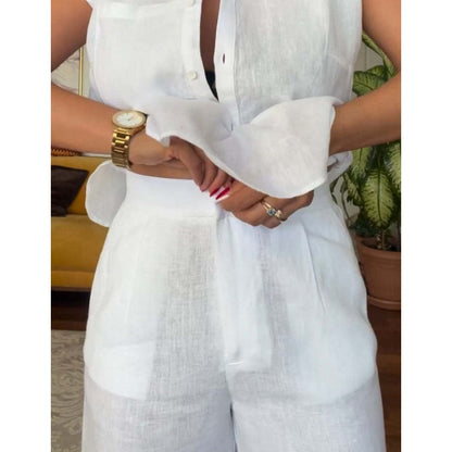 Ensemble élégant 2 pièces en lin et coton : chemise à manches courtes et pantalon à jambes larges