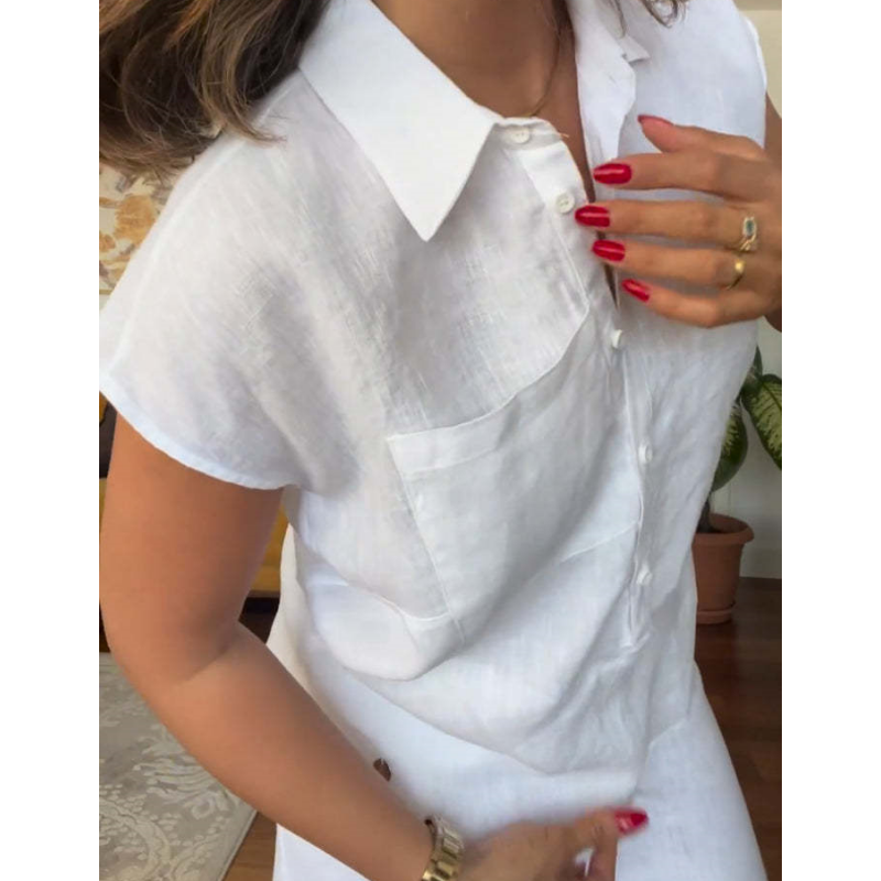 Ensemble élégant 2 pièces en lin et coton : chemise à manches courtes et pantalon à jambes larges