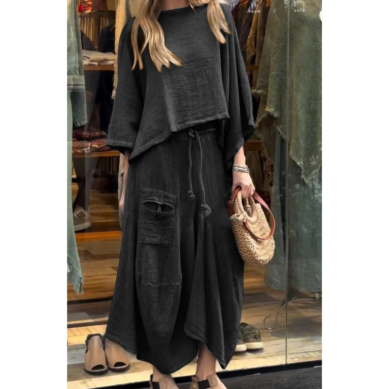 Costume 2 pièces haut à col rond et jupe ample pour femme