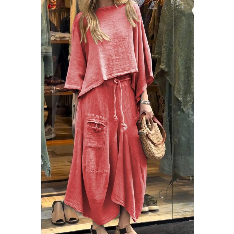 Costume 2 pièces haut à col rond et jupe ample pour femme