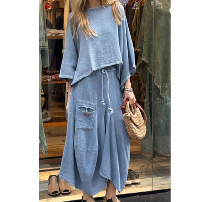 Costume 2 pièces haut à col rond et jupe ample pour femme