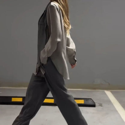 🔥Livraison gratuite🔥Ensemble deux pièces chemise et pantalon à cravate irrégulière, patchwork en mousseline de soie à la mode