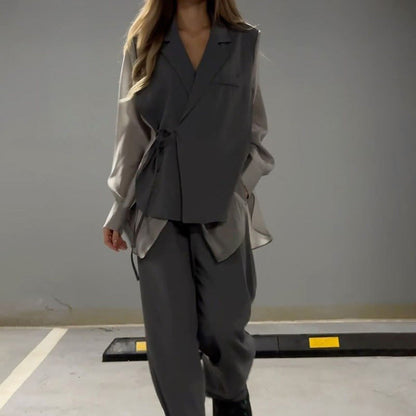 🔥Livraison gratuite🔥Ensemble deux pièces chemise et pantalon à cravate irrégulière, patchwork en mousseline de soie à la mode