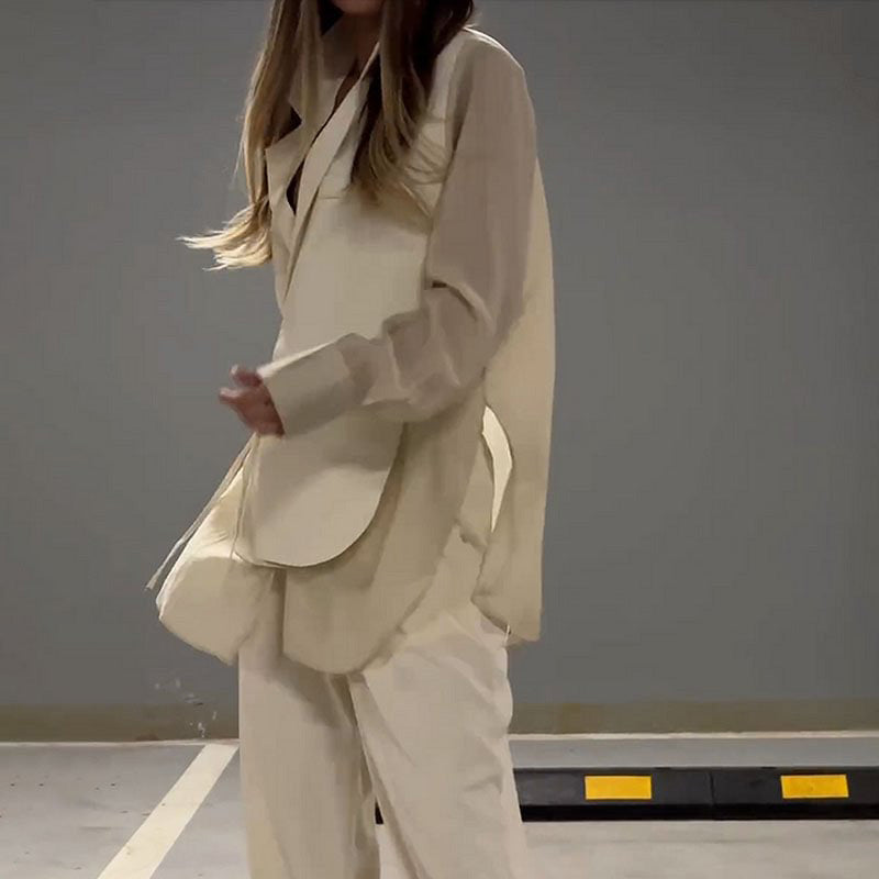 🔥Livraison gratuite🔥Ensemble deux pièces chemise et pantalon à cravate irrégulière, patchwork en mousseline de soie à la mode