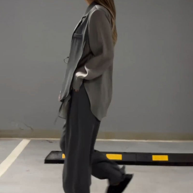 🔥Livraison gratuite🔥Ensemble deux pièces chemise et pantalon à cravate irrégulière, patchwork en mousseline de soie à la mode