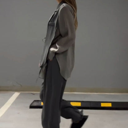 🔥Livraison gratuite🔥Ensemble deux pièces chemise et pantalon à cravate irrégulière, patchwork en mousseline de soie à la mode