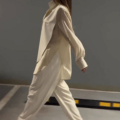 🔥Livraison gratuite🔥Ensemble deux pièces chemise et pantalon à cravate irrégulière, patchwork en mousseline de soie à la mode