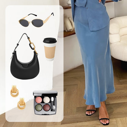 Ensemble 2 pièces élégant bleu foncé : chemise à revers + jupe