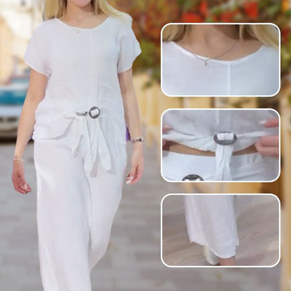 Costume femme décontracté en coton et lin : haut ample boutonné + pantalon