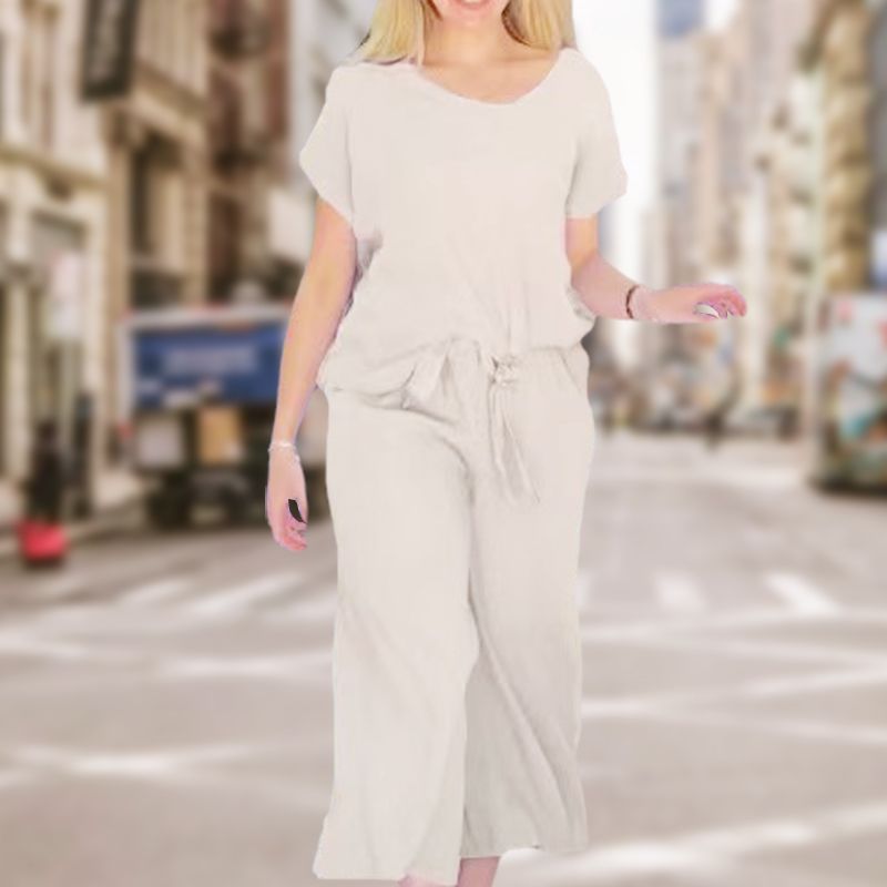 Costume femme décontracté en coton et lin : haut ample boutonné + pantalon