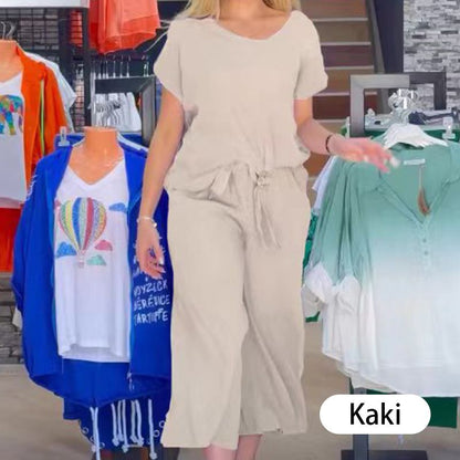 Costume femme décontracté en coton et lin : haut ample boutonné + pantalon