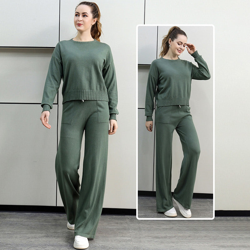 Ensemble 2 pièces d'automne : haut à col rond et pantalon à cordon