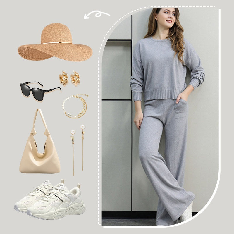 Ensemble 2 pièces d'automne : haut à col rond et pantalon à cordon