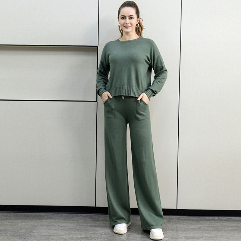 Ensemble 2 pièces d'automne : haut à col rond et pantalon à cordon