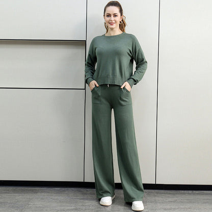 Ensemble 2 pièces d'automne : haut à col rond et pantalon à cordon