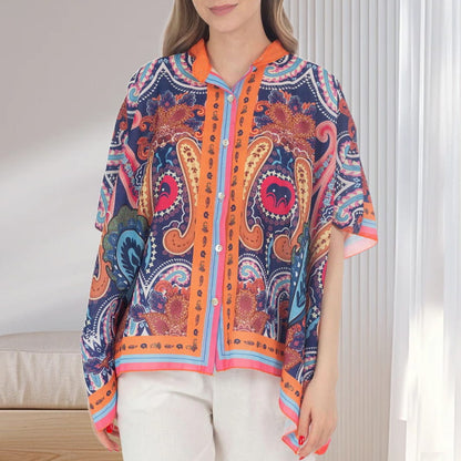 Ensemble deux pièces pour femmes : ensemble chemise chauve-souris imprimée surdimensionnée et pantalon large