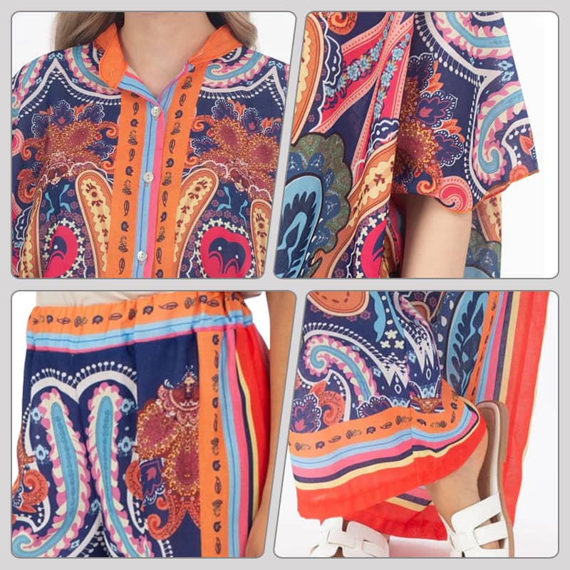 Ensemble deux pièces pour femmes : ensemble chemise chauve-souris imprimée surdimensionnée et pantalon large