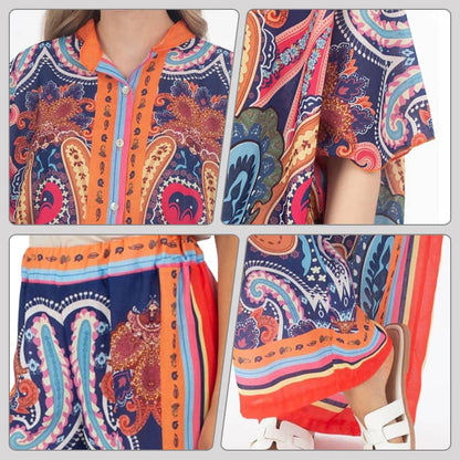 Ensemble deux pièces pour femmes : ensemble chemise chauve-souris imprimée surdimensionnée et pantalon large