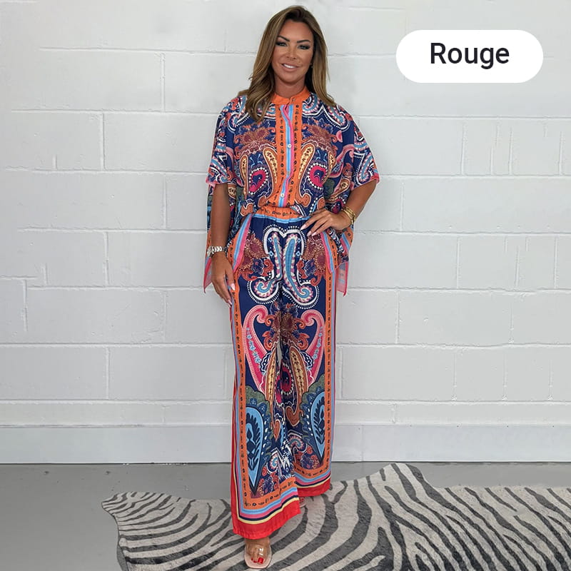 Ensemble deux pièces pour femmes : ensemble chemise chauve-souris imprimée surdimensionnée et pantalon large